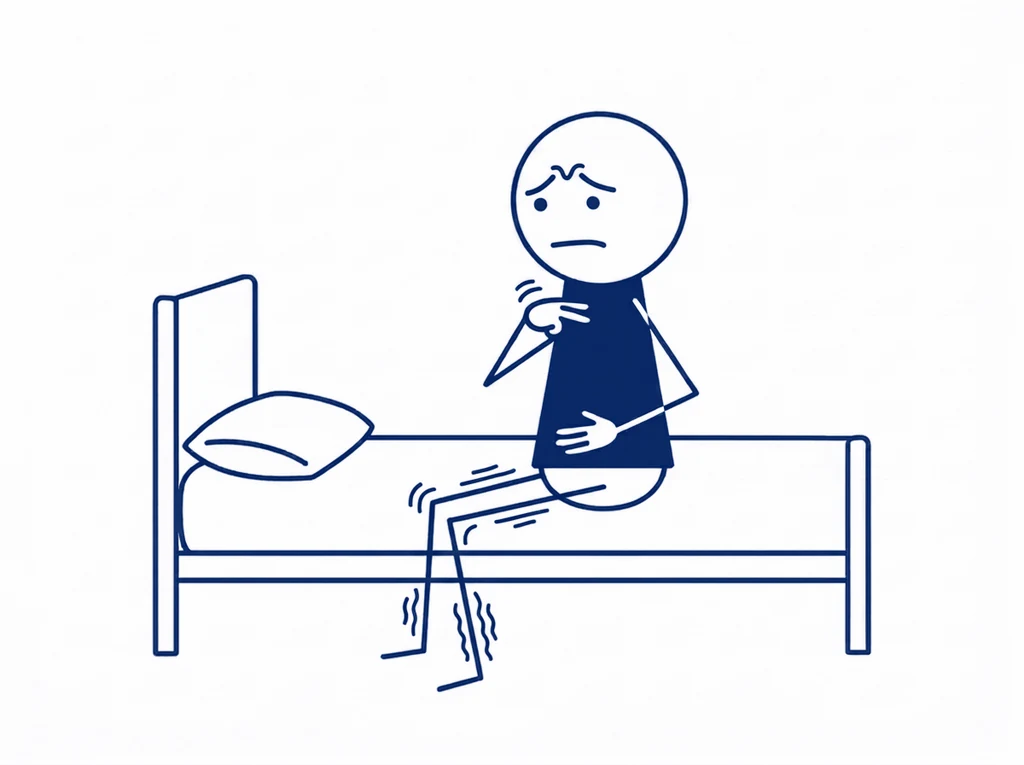 Een man zit op de rand van zijn bed met een hand op zijn buik en klopt met twee vingers onder zijn sleutelbeen. Hij kijkt bezorgd; zijn benen trillen tot in zijn voeten. De dag is voorbij en zijn lijf staat nog aan.