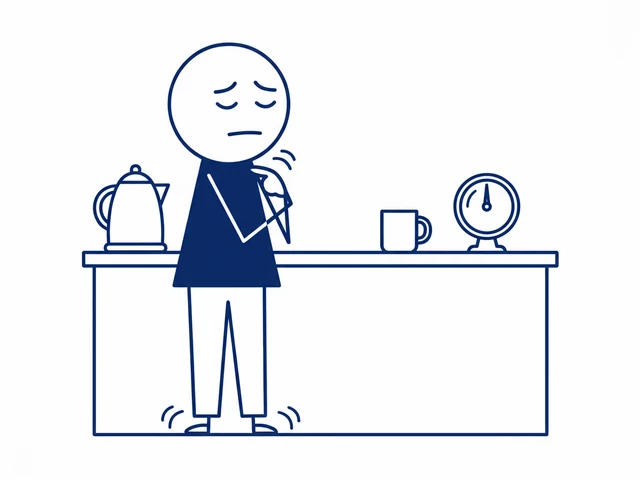 Iemand staat in de keuken en klopt met de ogen dicht onder het sleutelbeen. Op het aanrecht staat een meter waarvan de wijzer in het midden staat.