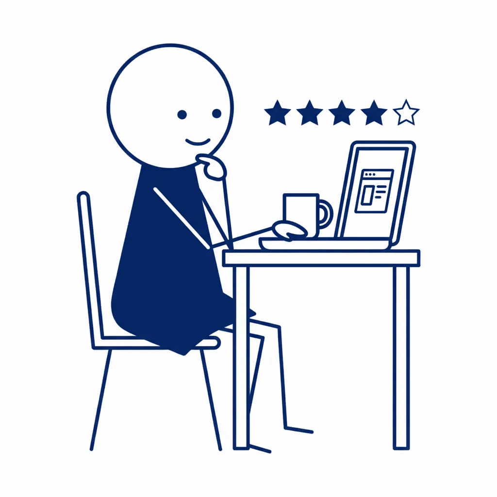 Iemand zit aan tafel achter de laptop en denkt na, met een hand bij de kin. Boven het scherm staan vijf sterren, vier zijn ingekleurd. Het gezicht glimlacht rustig.
