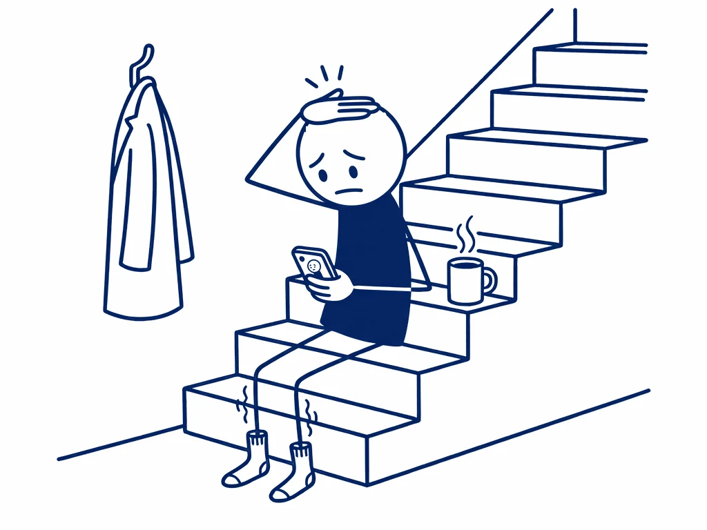 Iemand zit thuis in de gang onder aan de trap en kijkt op de telefoon in de linkerhand. Op het scherm staat een poppetje met kloppunten. Met de vlakke rechterhand klopt deze persoon boven op de kruin. De wenkbrauwen staan bezorgd en de mond is strak. De benen trillen tot in de voeten. Op de trede ernaast staat een mok thee.