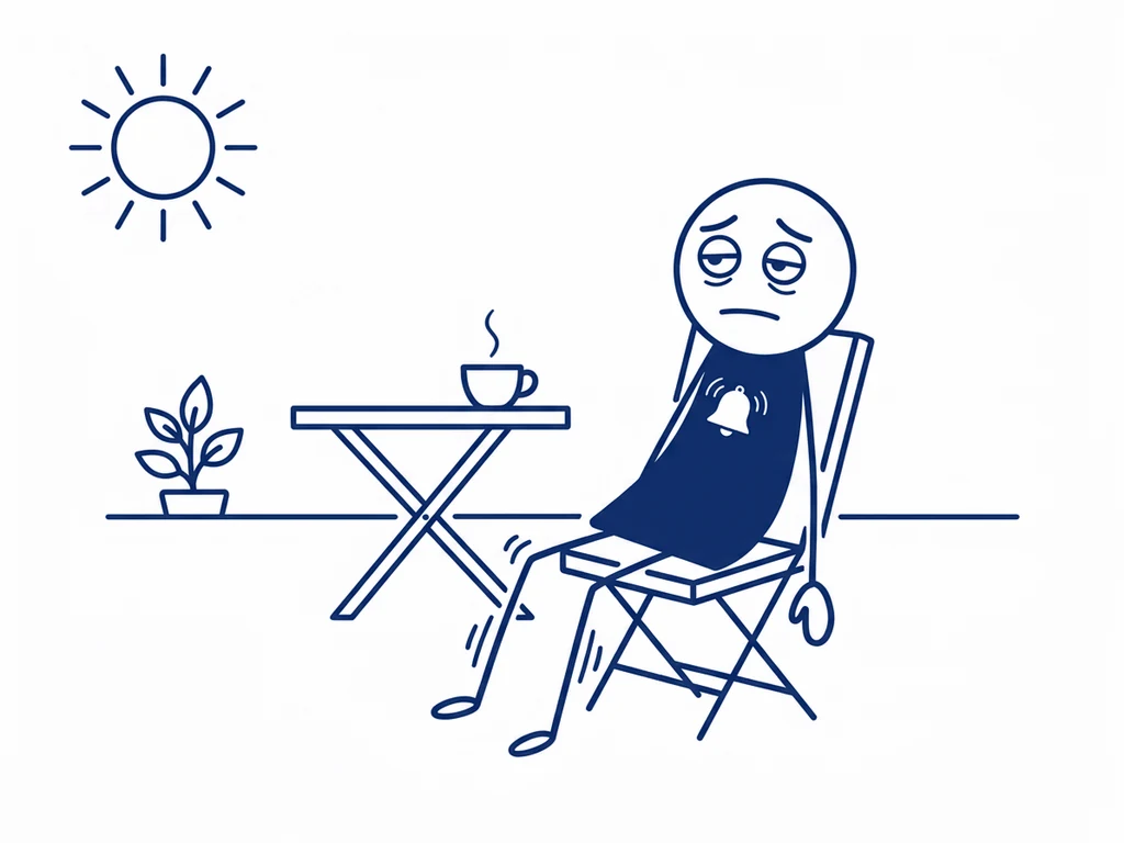 Een zonnige dag in de tuin. Iemand hangt onderuit in een tuinstoel, de ogen half dicht van moeheid. Op de borst rinkelt nog een belletje en de benen trillen tot in de voeten.