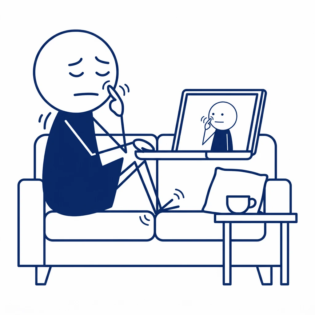 Iemand zit op de bank met de laptop op de knieën. Op het scherm zit Pieter Dekker. Ze kloppen allebei naast het oog. Het gezicht op de bank is bezorgd, met de ogen dicht.